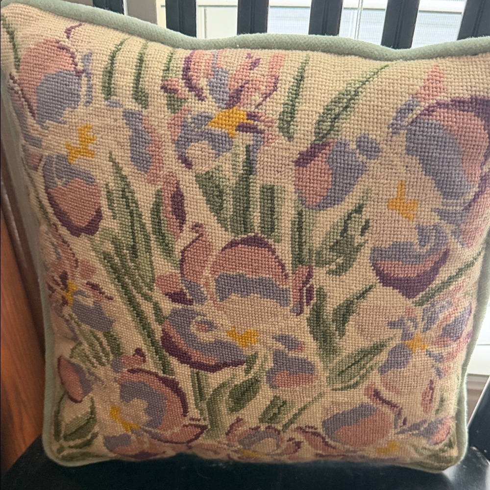 Elegant Floral‎ Needlepoint Pillow with Green Trim Granny Core